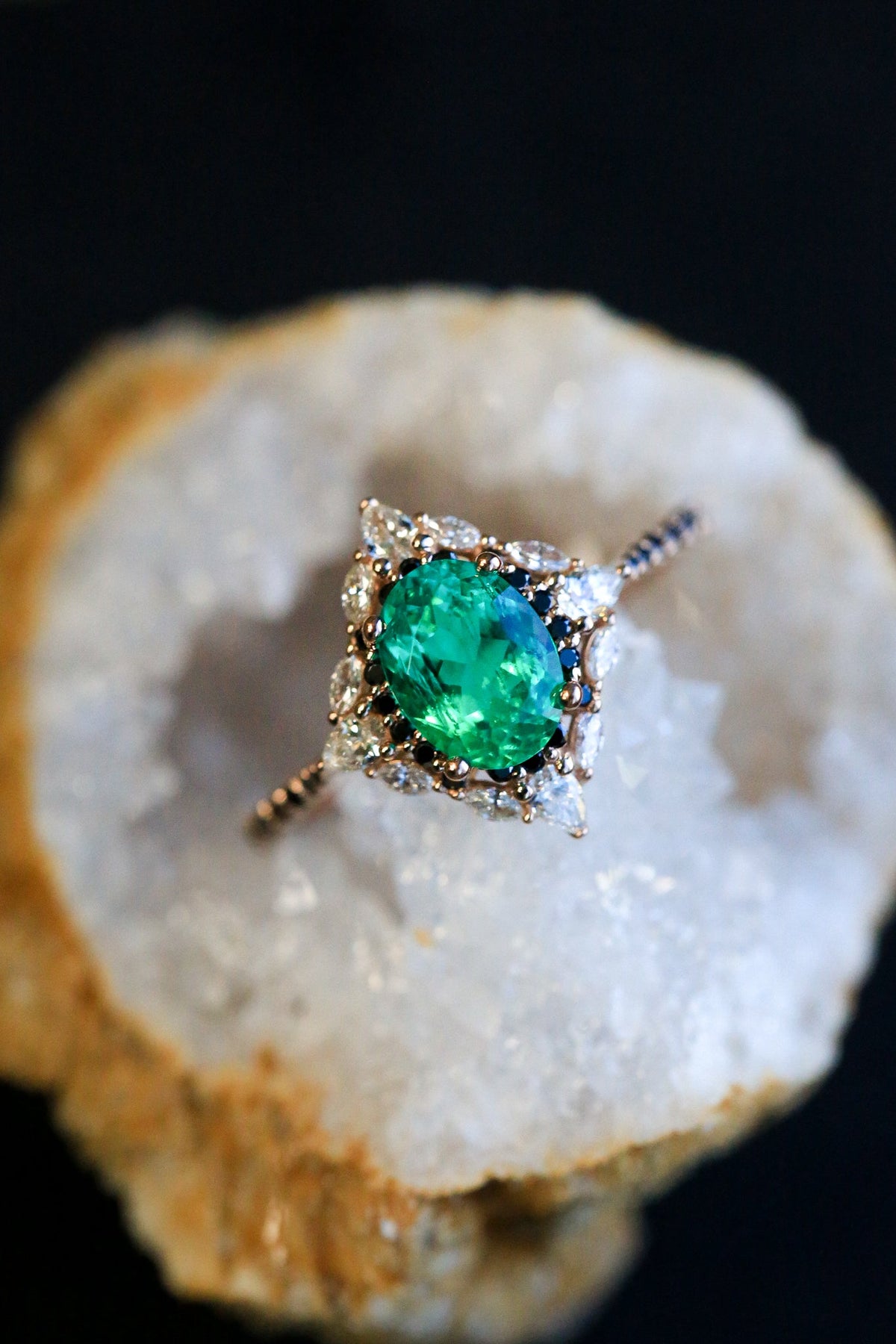 "North Star" - Oval Lab-Grown Emerald Engagement Ring With Diamond Halo & Diamond Accents