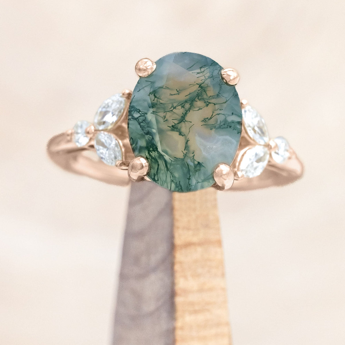 "Blossom" - Oval Cut Moss Agate Engagement Ring With Diamond Accents