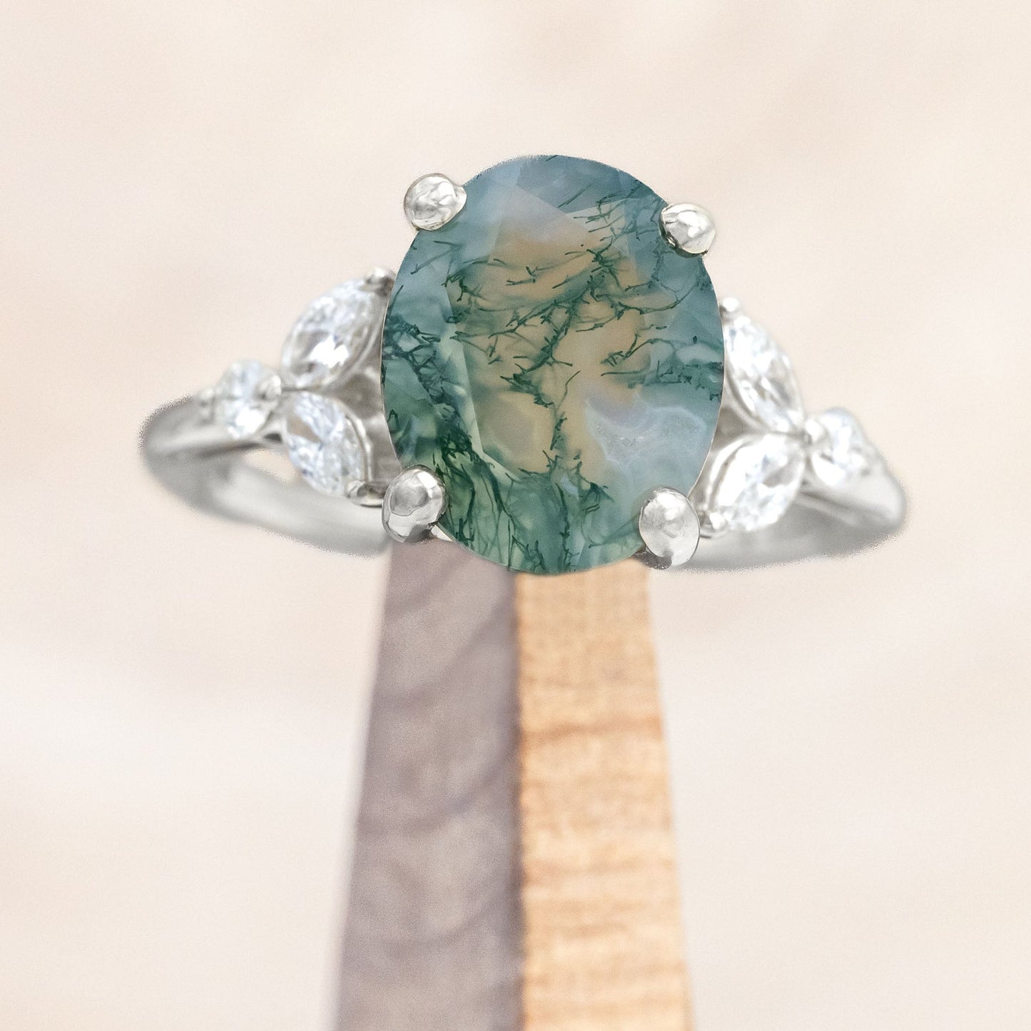 "Blossom" - Oval Cut Moss Agate Engagement Ring With Diamond Accents