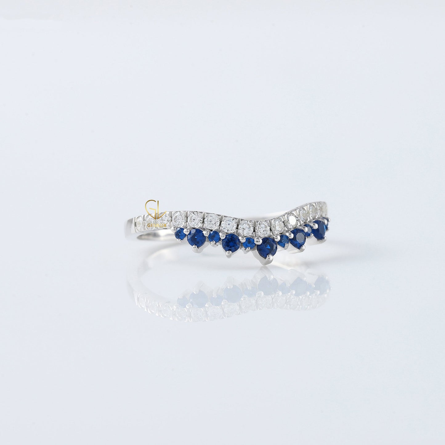 Blue Sapphire Round Cut Moissanite Diamond Chevron Band