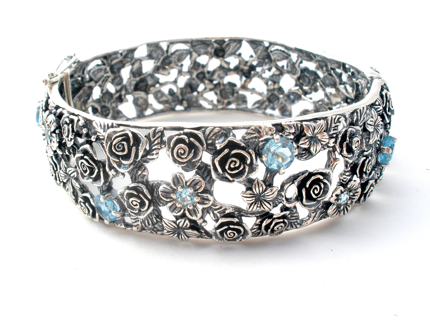 Blue Topaz Rose Flower Bangle Bracelet OR PAZ