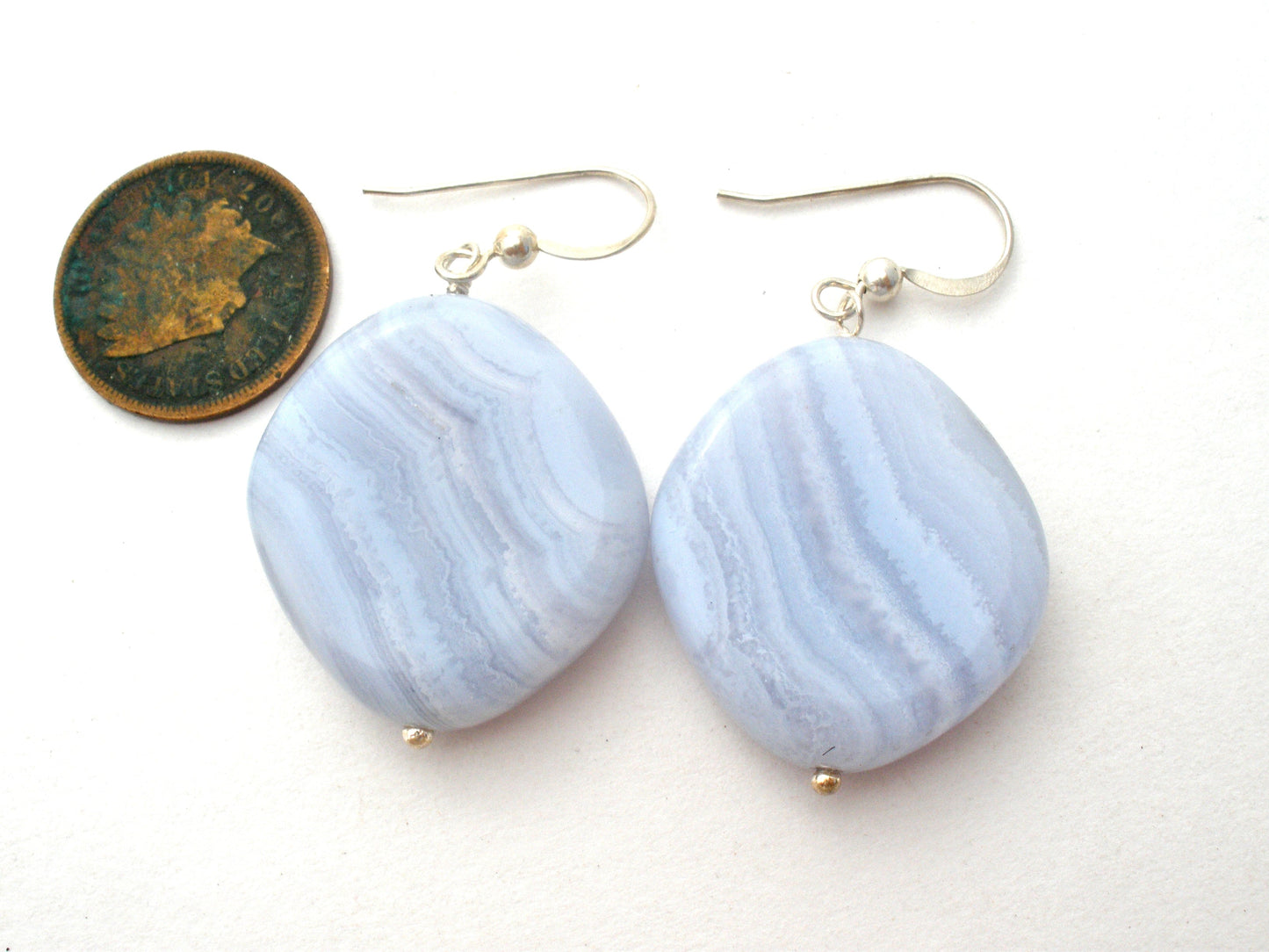 Blue Lace Agate Dangle Earrings Sterling Silver