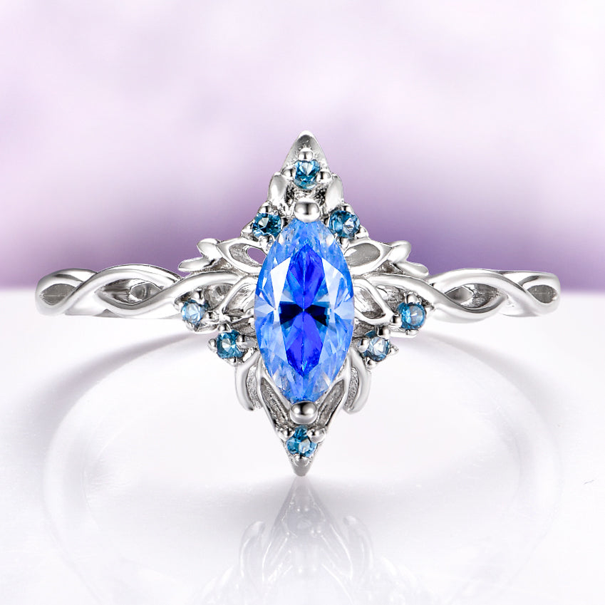 Blue Moissanite Butterfly Marquise Engagement Ring in 14K White Gold