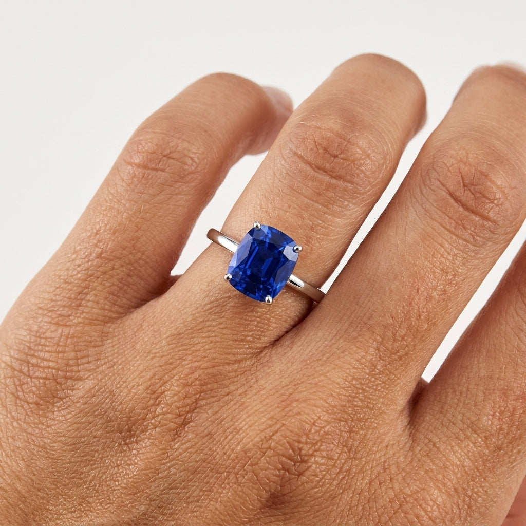 Prong-Set Cushion Blue Sapphire Solitaire Ring