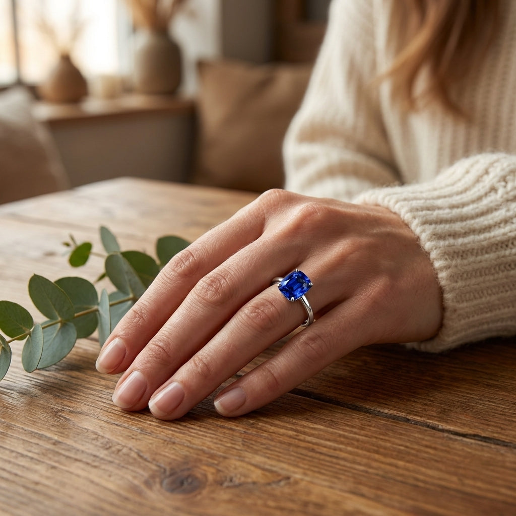 Prong-Set Cushion Blue Sapphire Solitaire Ring