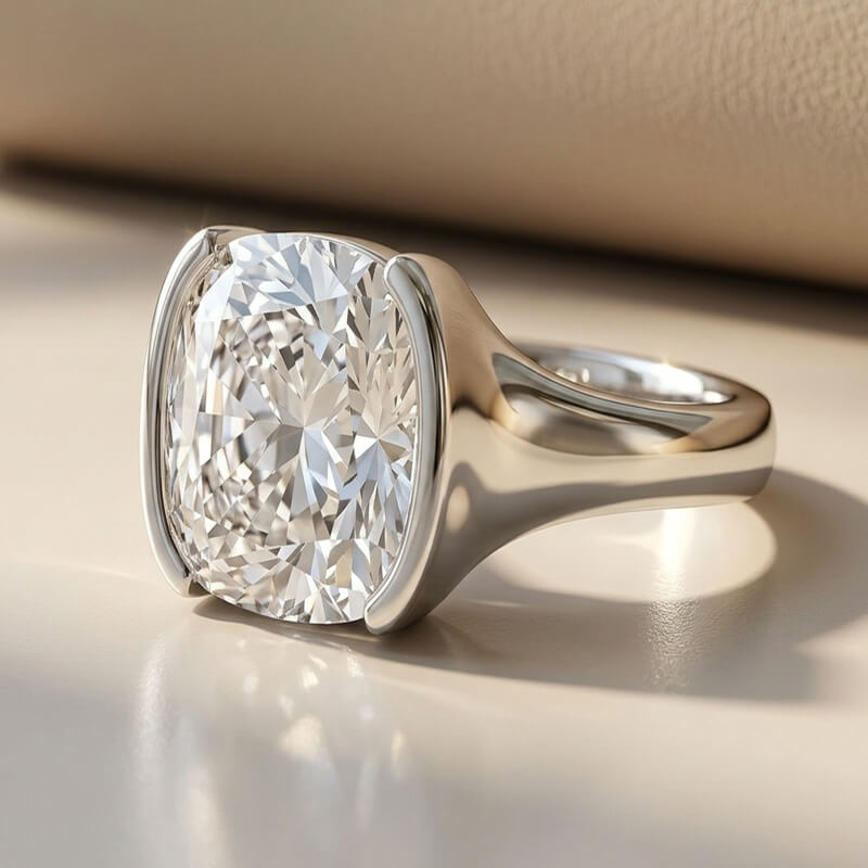 Bold Half-Bezel Solitaire Elongated Cushion Moissanite Engagement Ring