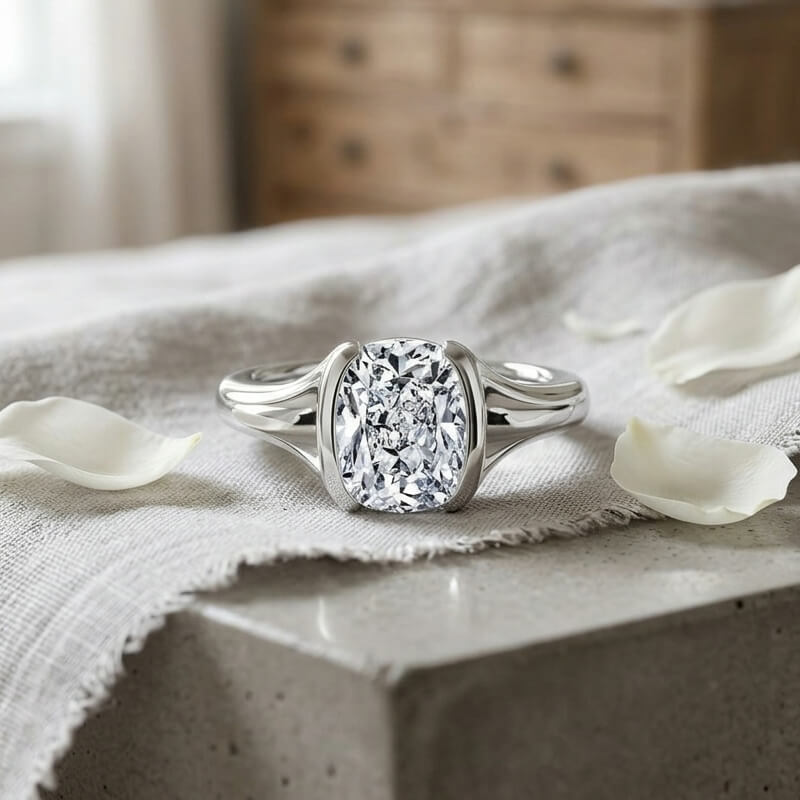 Bold Half-Bezel Solitaire Elongated Cushion Moissanite Engagement Ring
