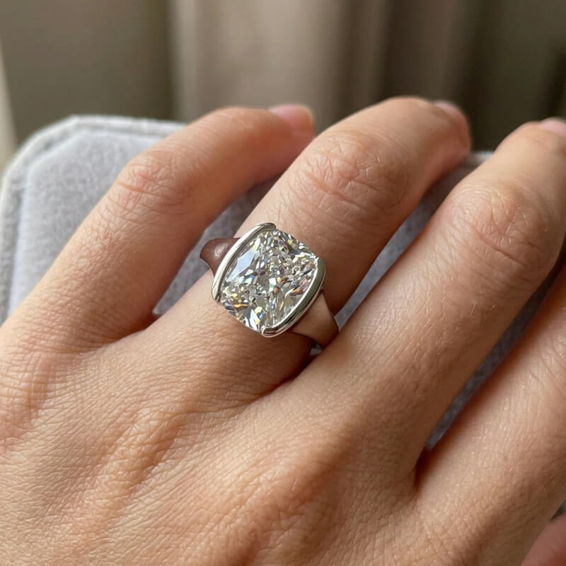 Bold Half-Bezel Solitaire Elongated Cushion Moissanite Engagement Ring