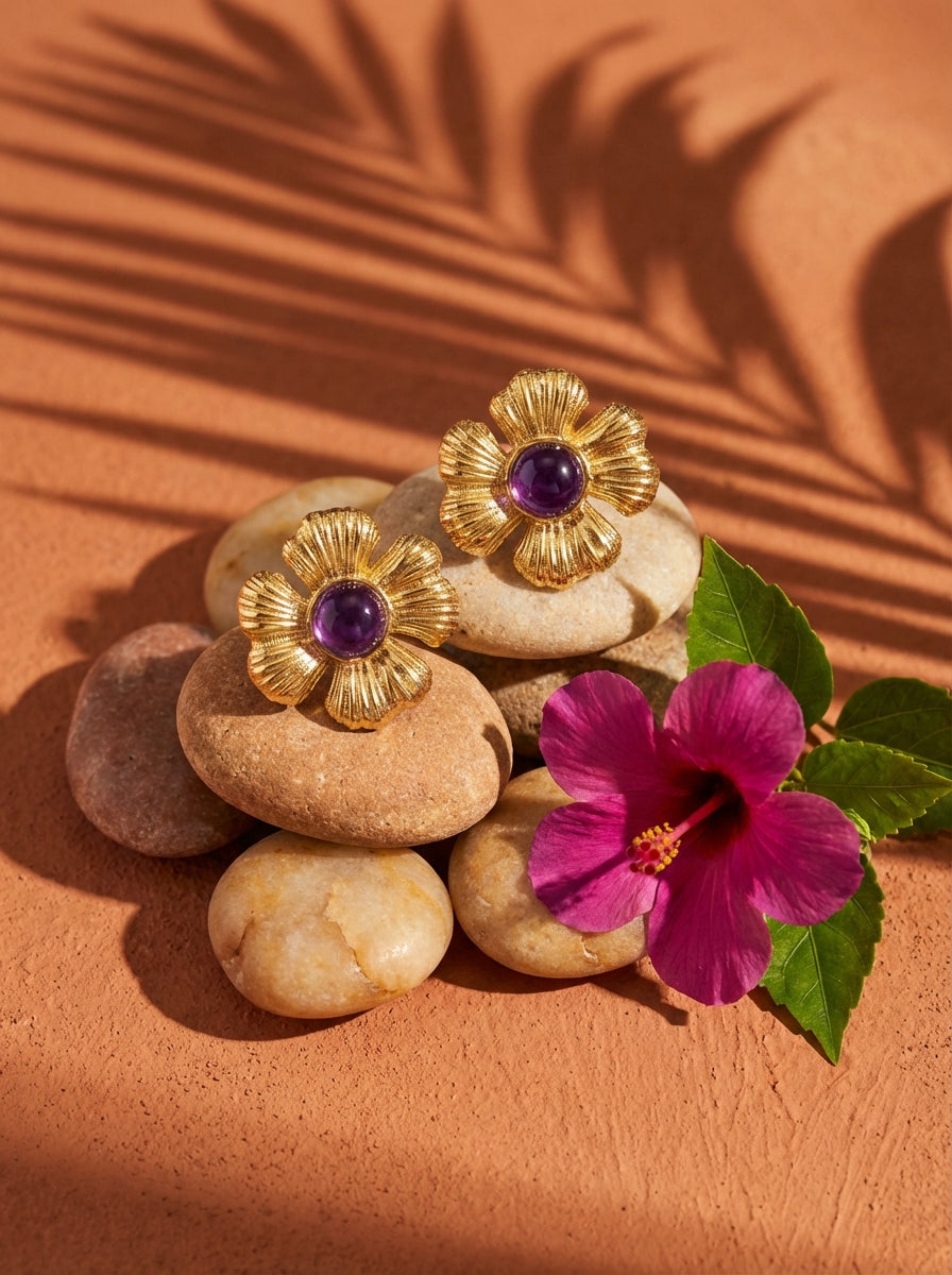 Boucles d'Oreilles HIBISCUS - Fleur Hibiscus Dorée Pierre Naturelle - Univers Tropical Plaqué Or 18K