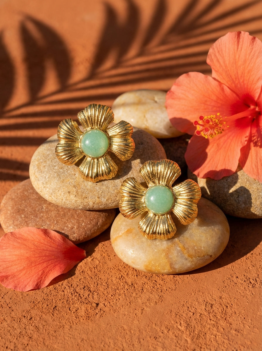 Boucles d'Oreilles HIBISCUS - Fleur Hibiscus Dorée Pierre Naturelle - Univers Tropical Plaqué Or 18K