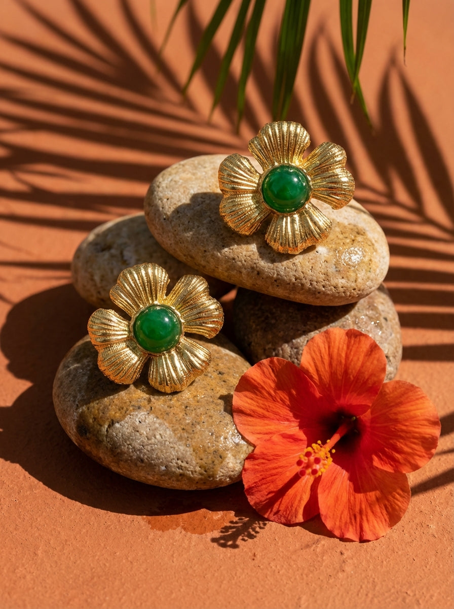 Boucles d'Oreilles HIBISCUS - Fleur Hibiscus Dorée Pierre Naturelle - Univers Tropical Plaqué Or 18K