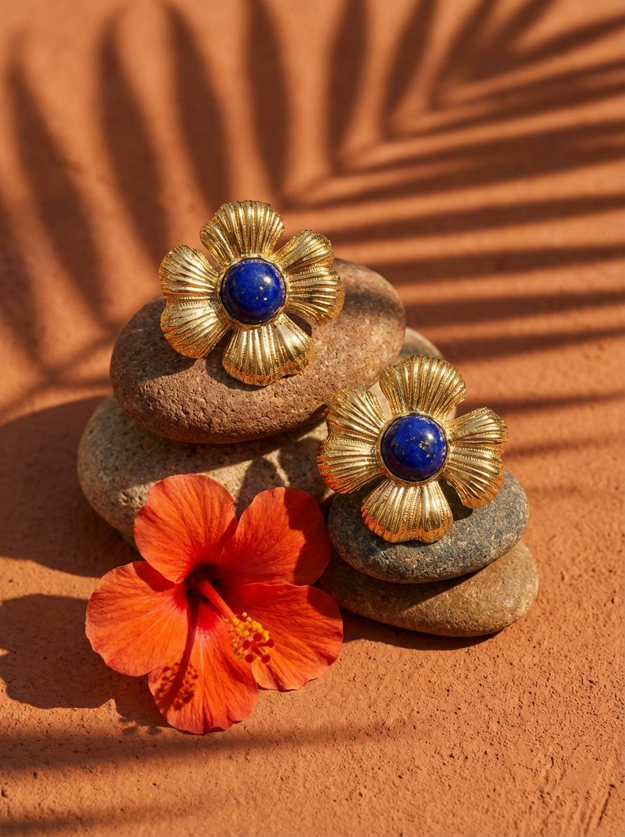 Boucles d'Oreilles HIBISCUS - Fleur Hibiscus Dorée Pierre Naturelle - Univers Tropical Plaqué Or 18K