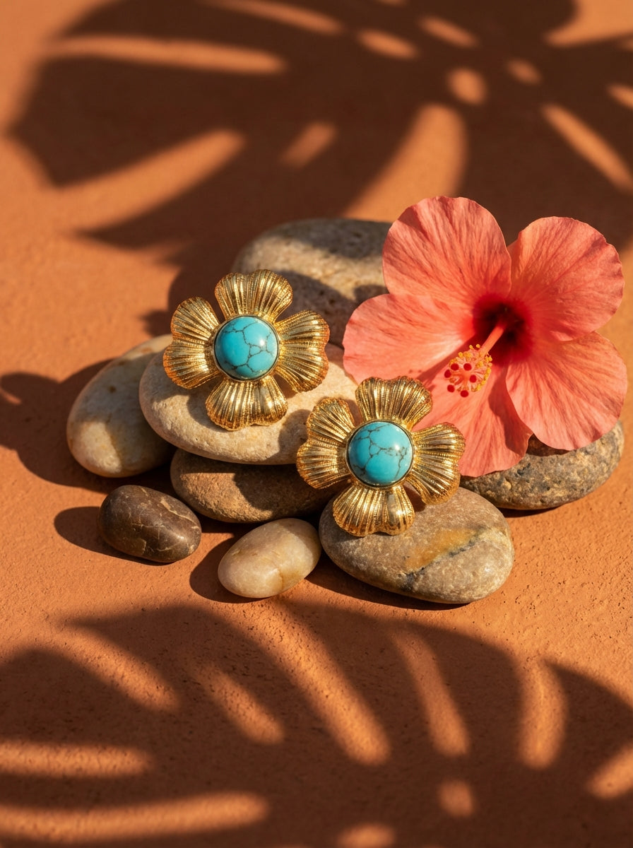 Boucles d'Oreilles HIBISCUS - Fleur Hibiscus Dorée Pierre Naturelle - Univers Tropical Plaqué Or 18K