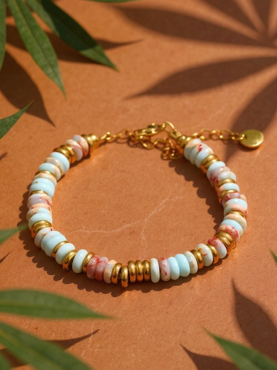Bracelet ANTILLES - perles plates naturelles pierres semi précieuses