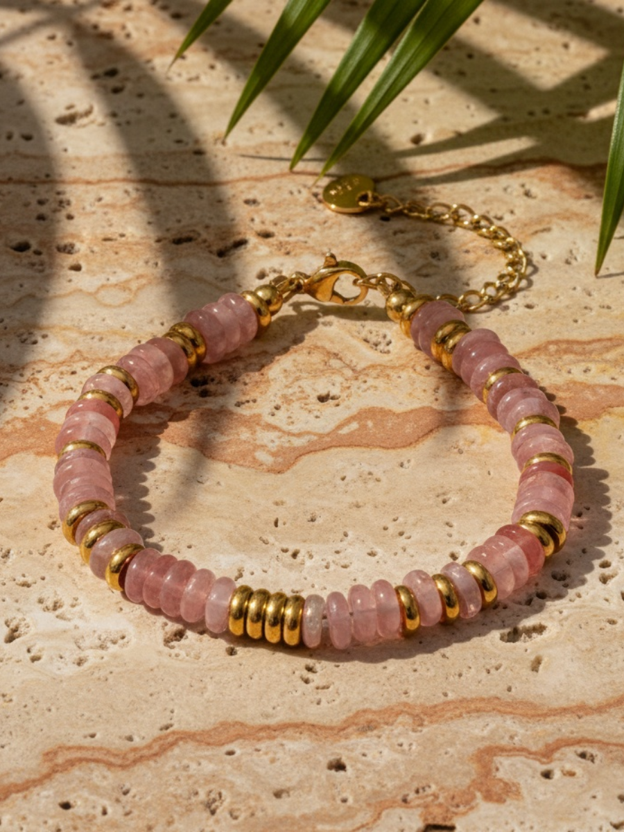Bracelet ANTILLES - perles plates naturelles pierres semi précieuses