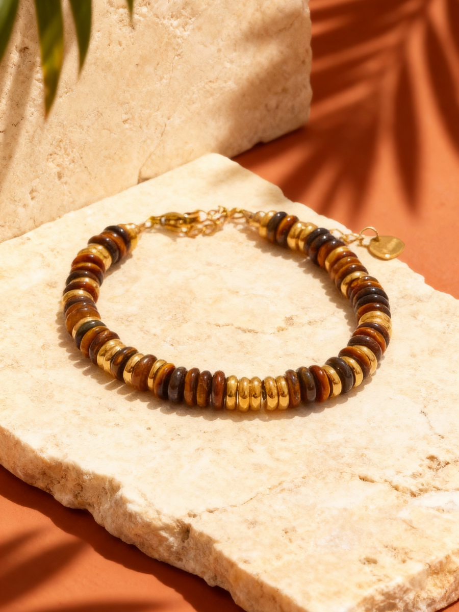 Bracelet ANTILLES - perles plates naturelles pierres semi précieuses