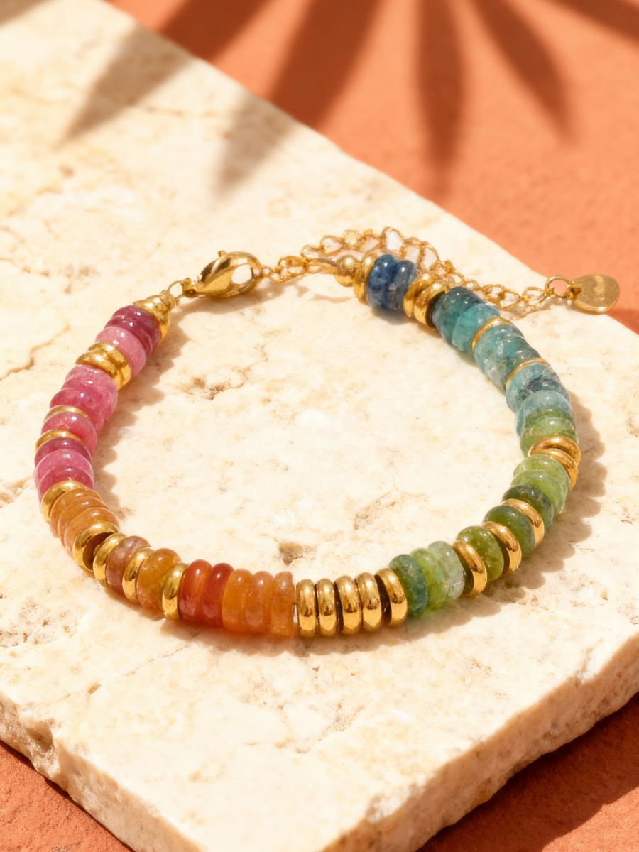 Bracelet ANTILLES - perles plates naturelles pierres semi précieuses