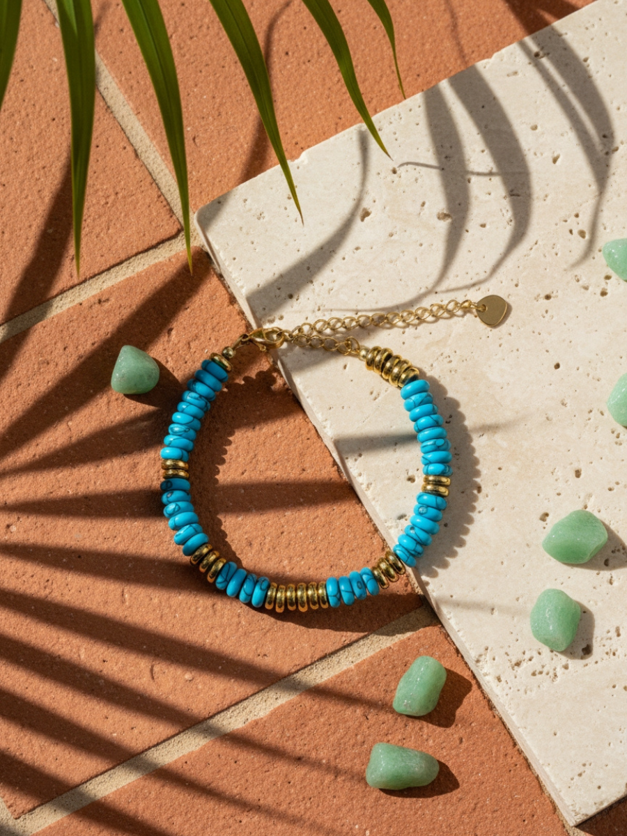 Bracelet ANTILLES - perles plates naturelles pierres semi précieuses