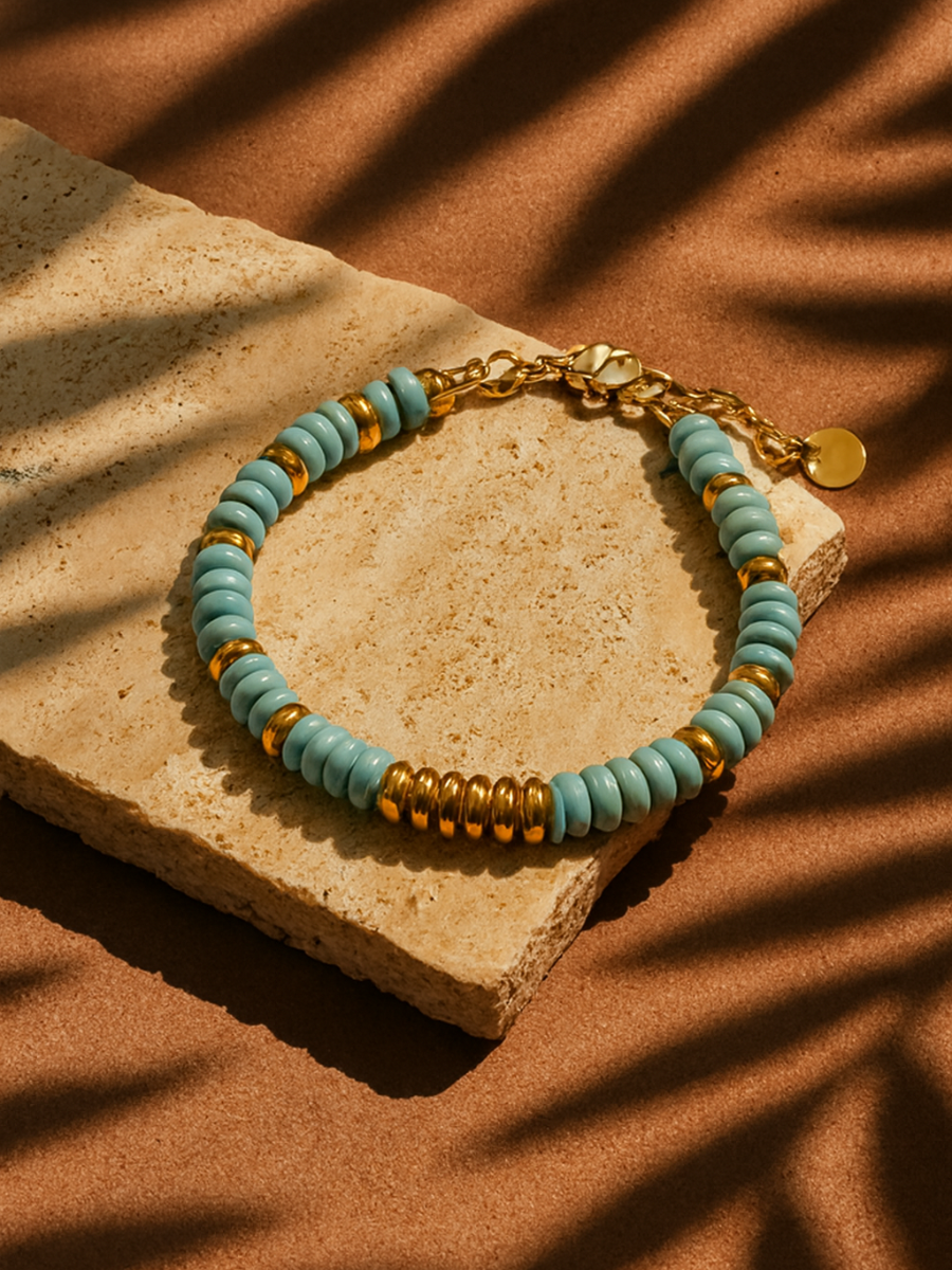 Bracelet ANTILLES - perles plates naturelles pierres semi précieuses