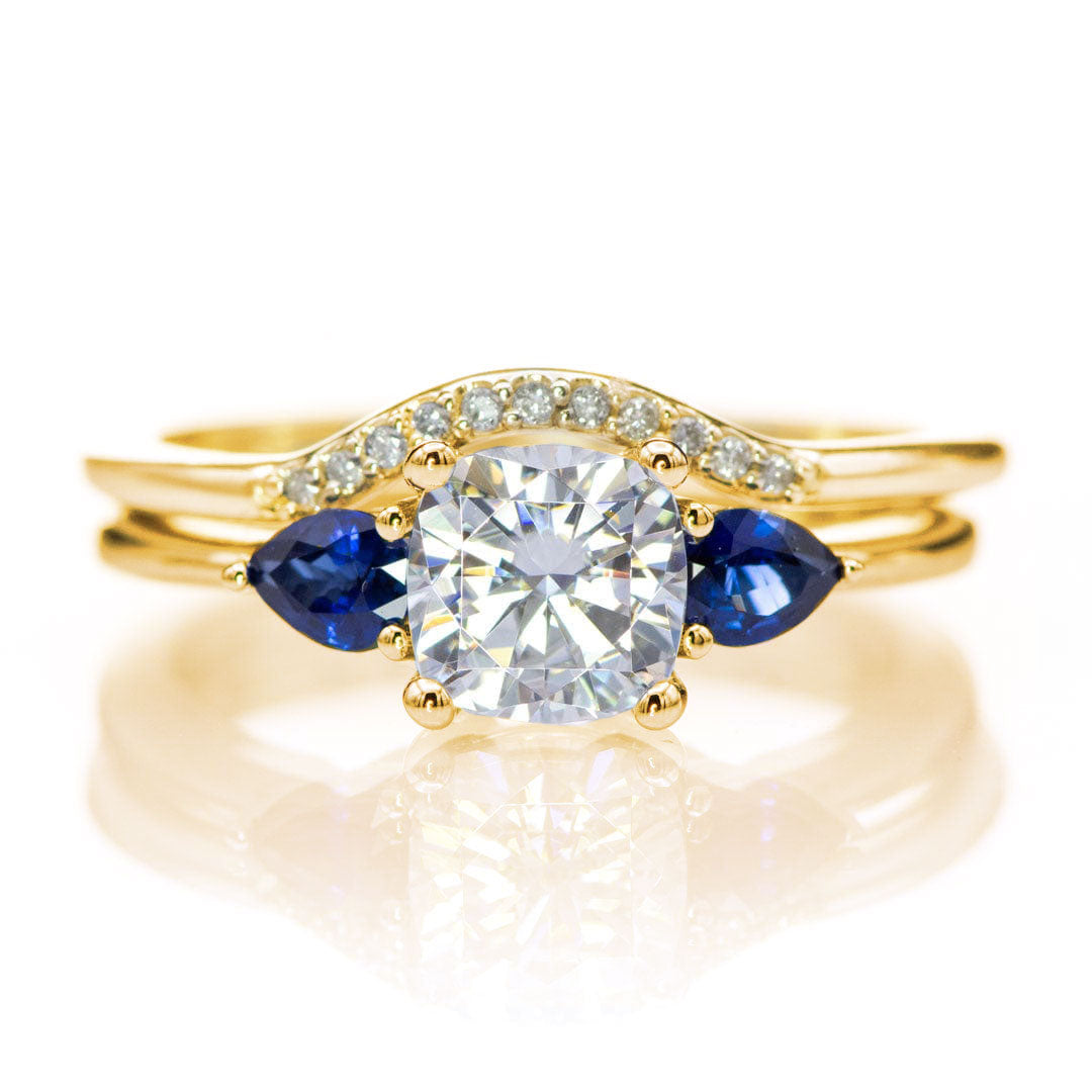 Tressa Bridal Set- Three Stone Cushion Moissanite & Pear Blue Sapphire Engagement Ring & Cecilia Band
