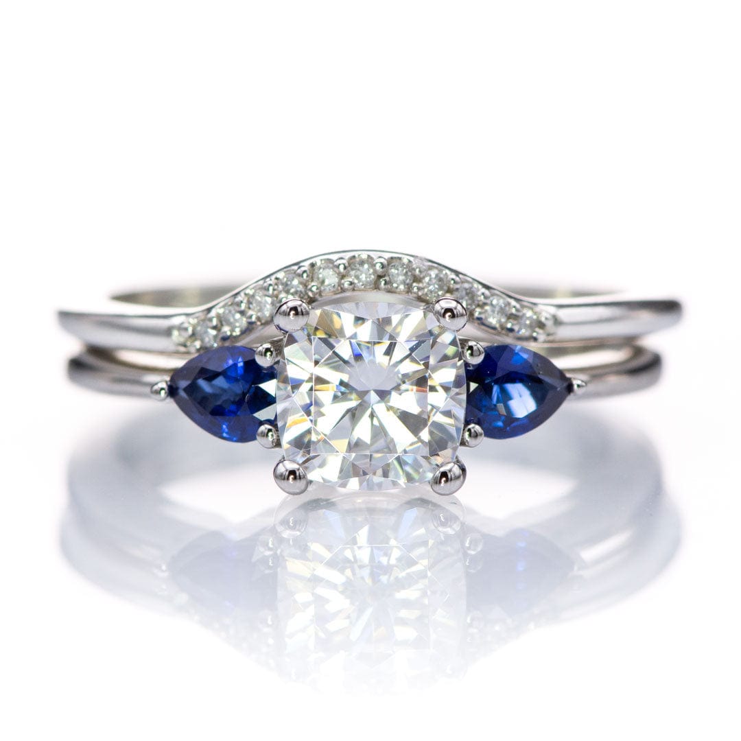 Tressa Bridal Set- Three Stone Cushion Moissanite & Pear Blue Sapphire Engagement Ring & Cecilia Band