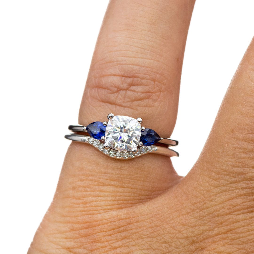 Tressa Bridal Set- Three Stone Cushion Moissanite & Pear Blue Sapphire Engagement Ring & Cecilia Band