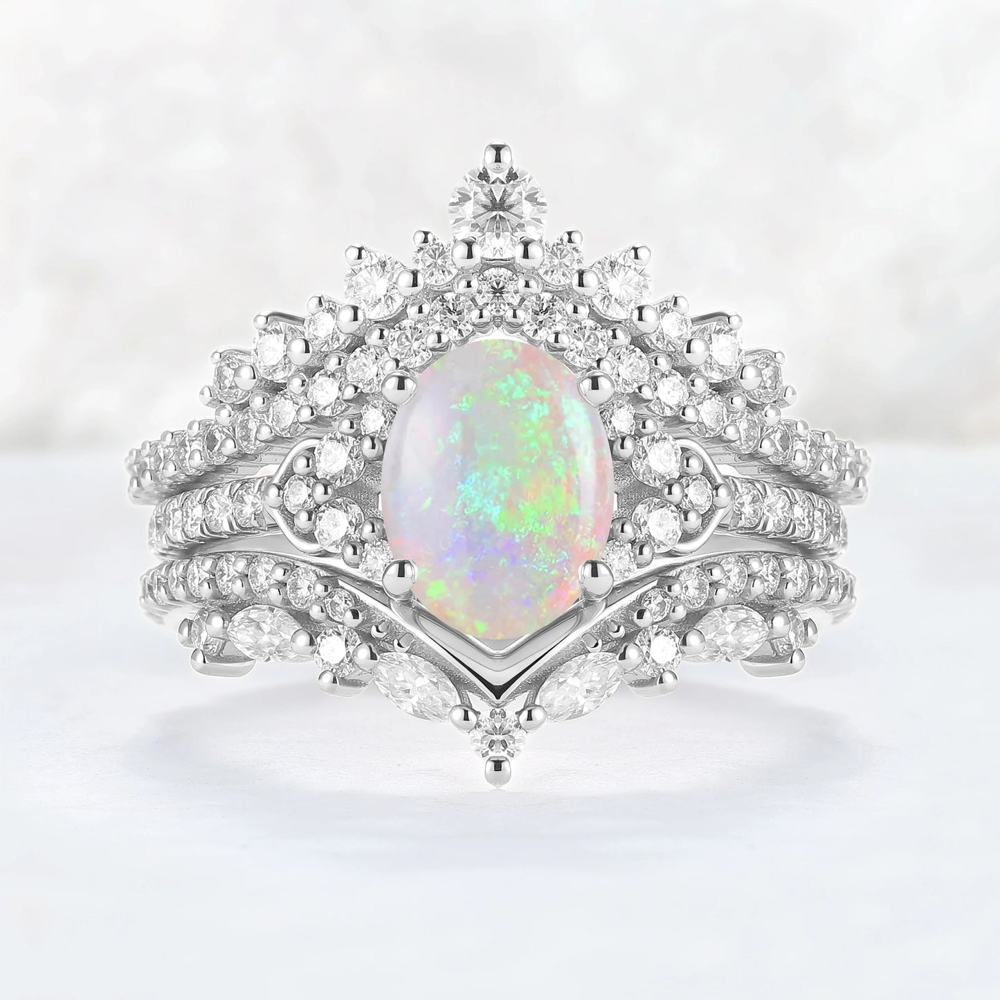 Brilliant Crown Oval Natural Opal Gemstone Ring Set 3pcs
