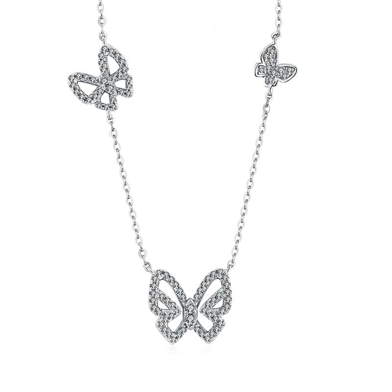 Butterfly Round Moissanite Pave Sterling Silver Necklace