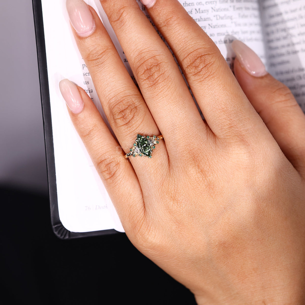 Vintage Green Marquise Engagement Ring with Cluster Setting