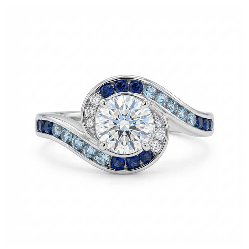 Bypass Round Moissanite Gradient Ocean Blue Channel Set Engagement Ring