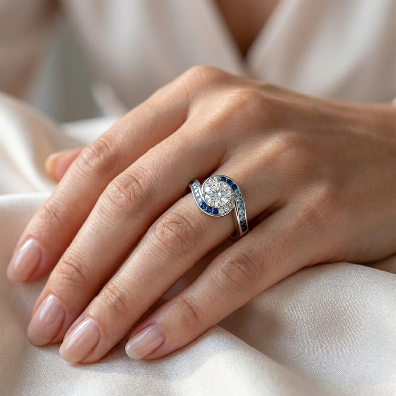 Bypass Round Moissanite Gradient Ocean Blue Channel Set Engagement Ring