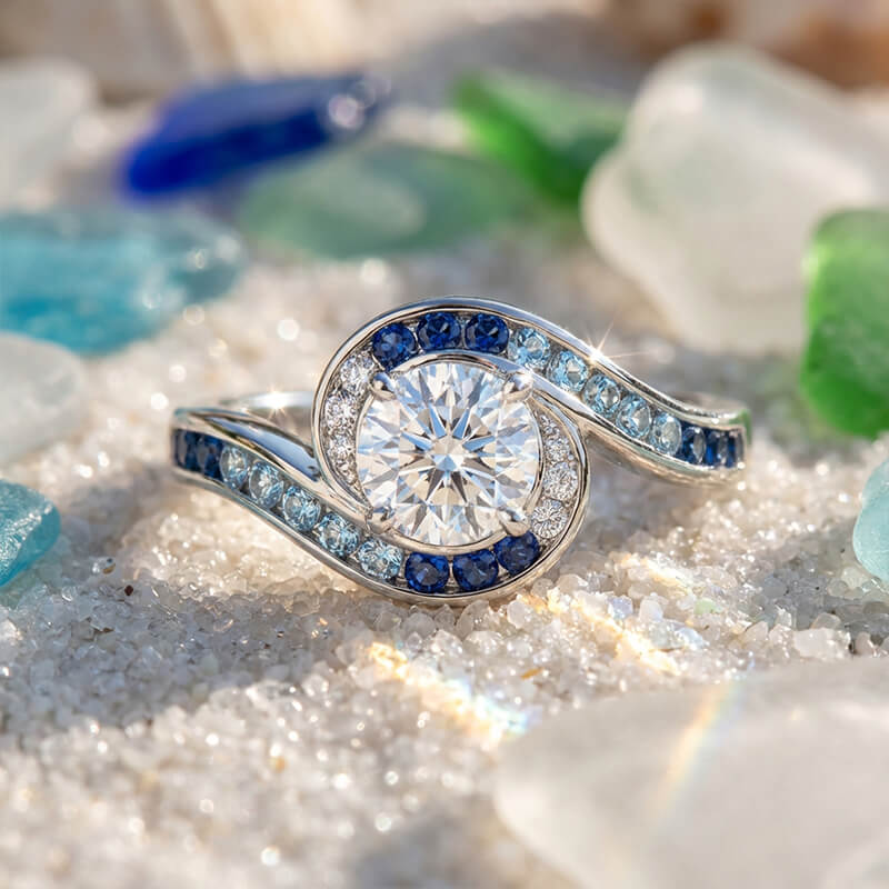 Bypass Round Moissanite Gradient Ocean Blue Channel Set Engagement Ring