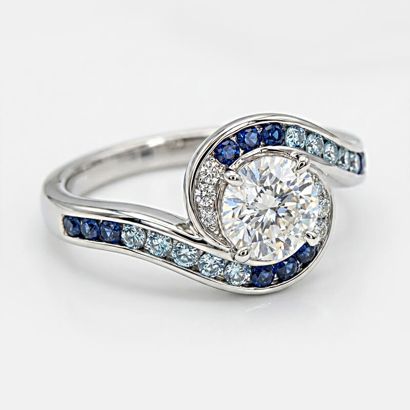 Bypass Round Moissanite Gradient Ocean Blue Channel Set Engagement Ring