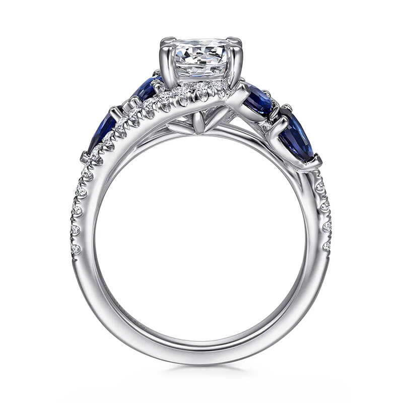 Bypass Round Moissanite Sapphire Cluster Pave Engagement Ring