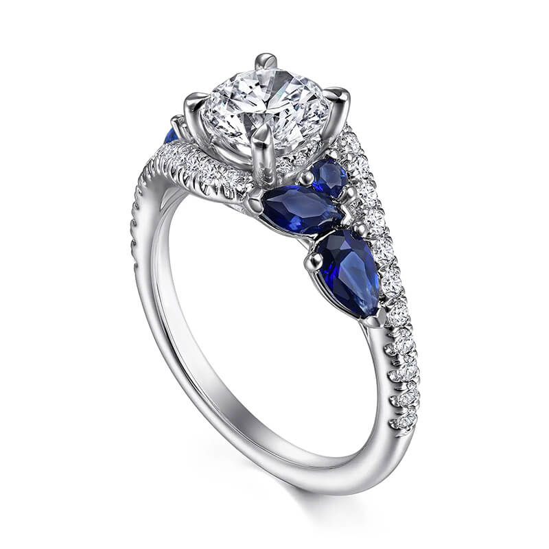 Bypass Round Moissanite Sapphire Cluster Pave Engagement Ring