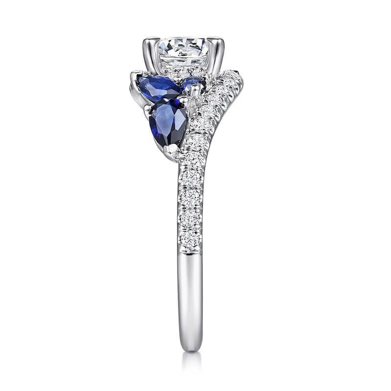 Bypass Round Moissanite Sapphire Cluster Pave Engagement Ring