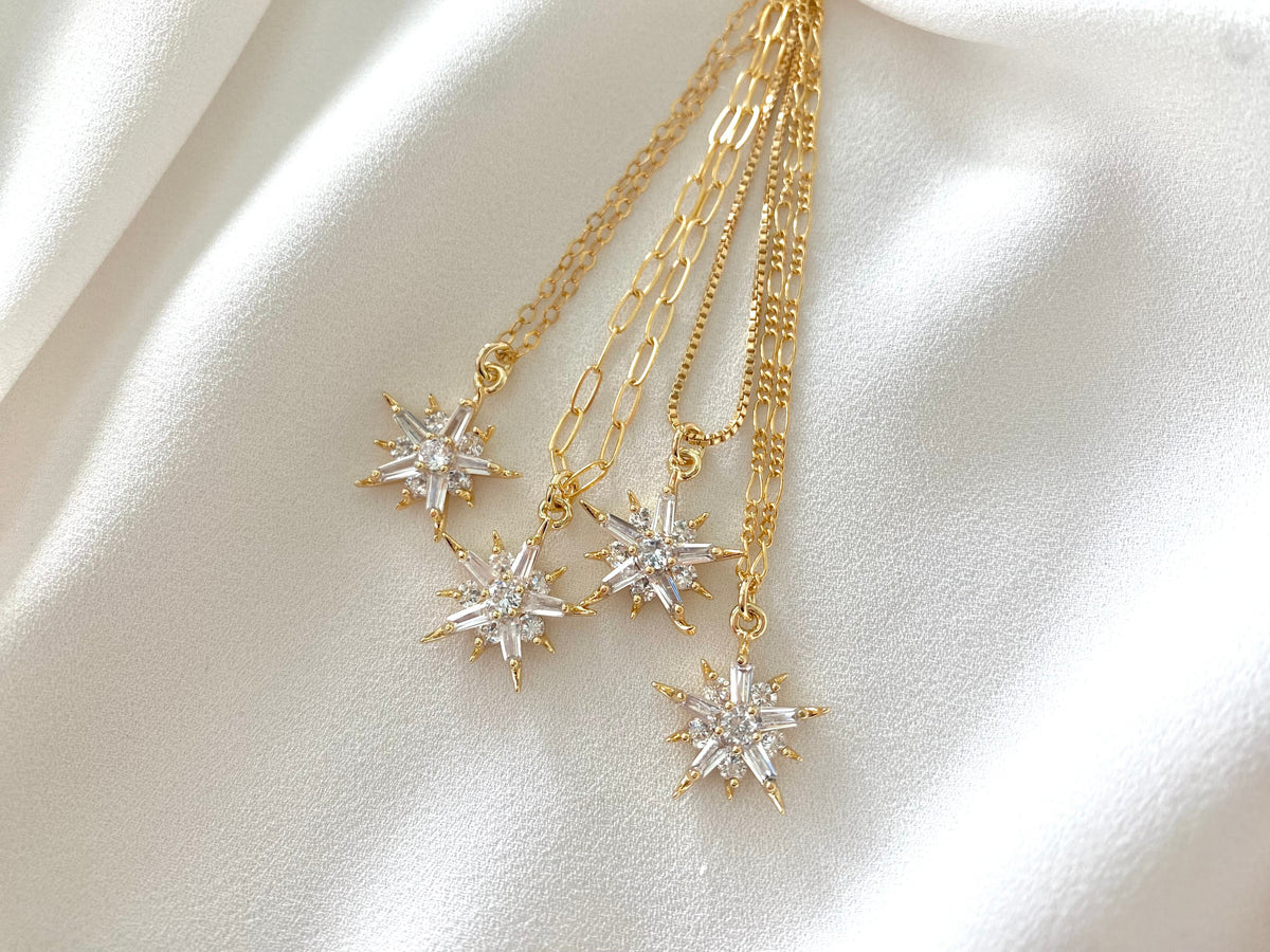 Crystal Necklace Gold Filled Baguette Pendant Necklace Starburst CZ Charm Necklace Minimalist Crystal Jewelry Christmas Gift Dainty Jewelry