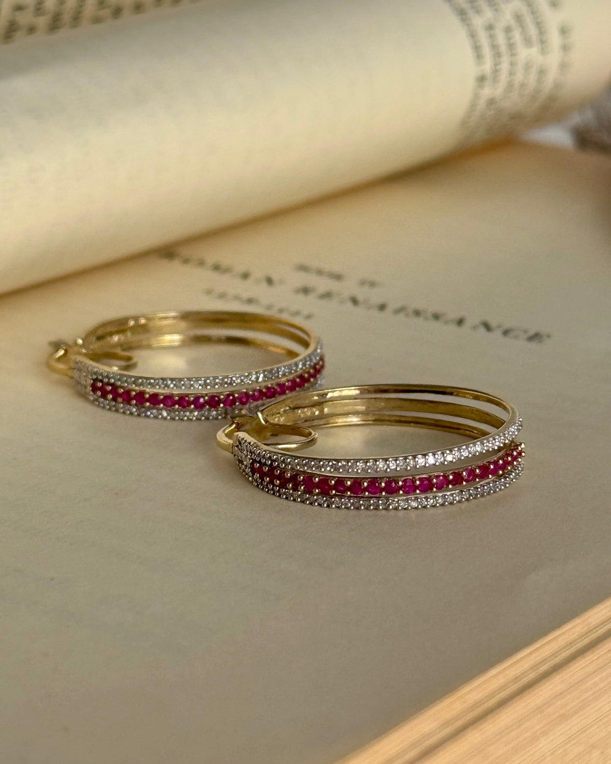 Vintage 14k Yellow Gold Natural Ruby & Diamond Hoops