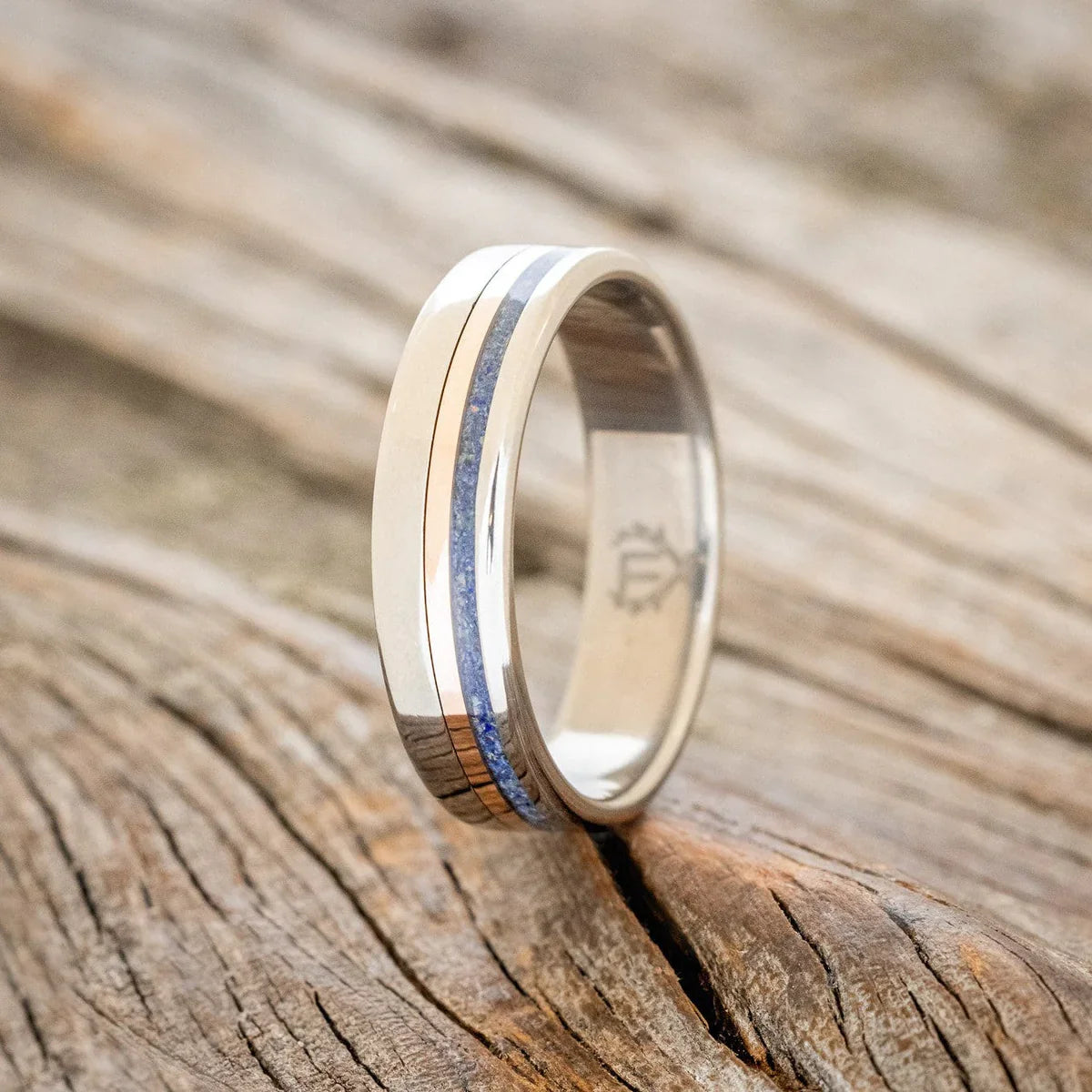 "Castor" - Lapis Lazuli & A 14K Rose Gold Inlay Wedding Ring - Titanium (6mm) - Size 8 1/2