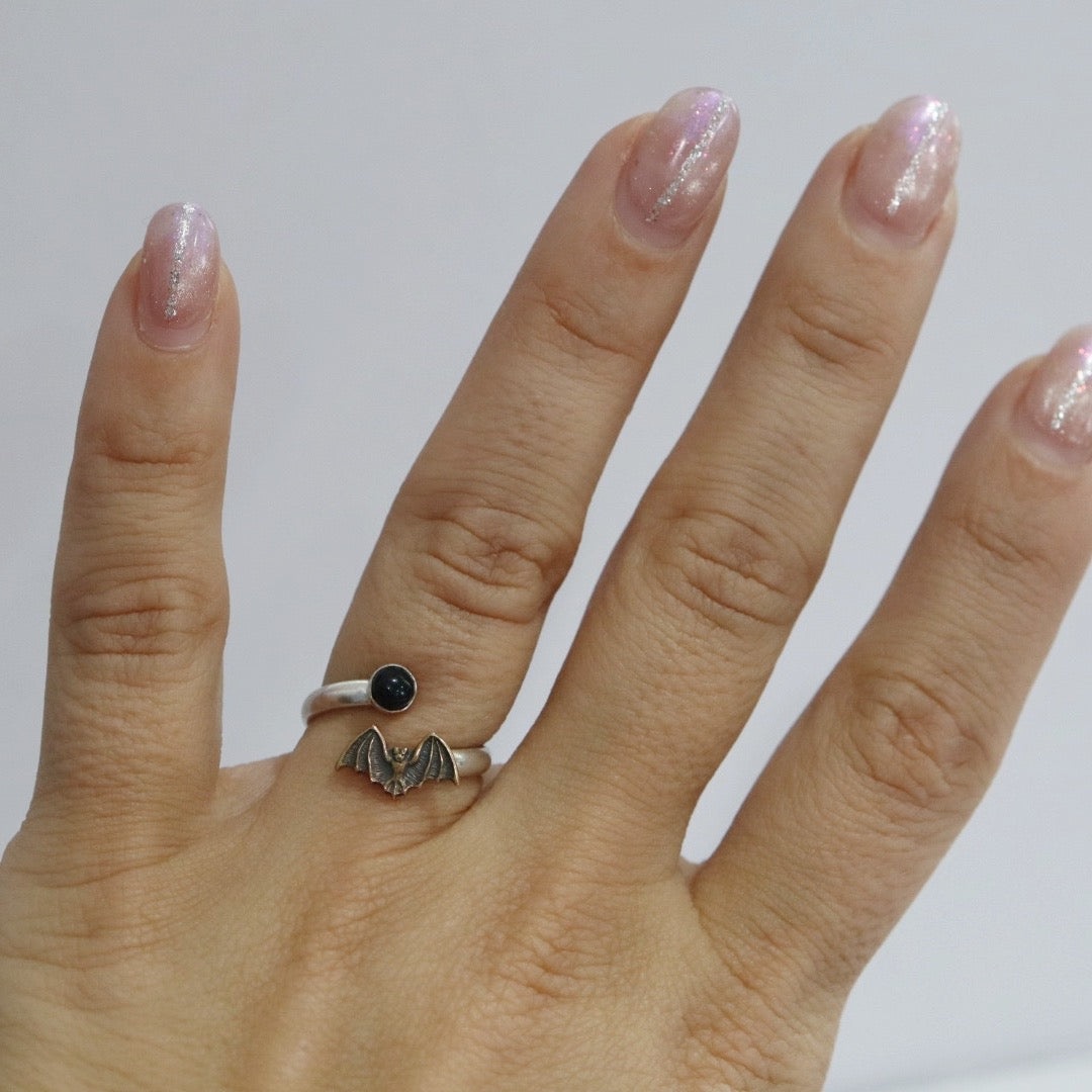 Open Bat and Onyx Gemstone Ring in Oxidized Brass and Sterling Silver / READY TO SHIP size 5.5