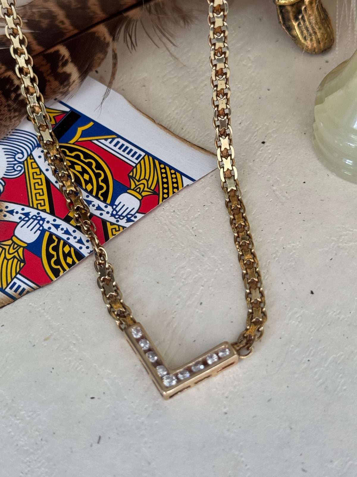 Vintage 14k Yellow Gold Bismark Chain with V-Shaped Natural Diamonds