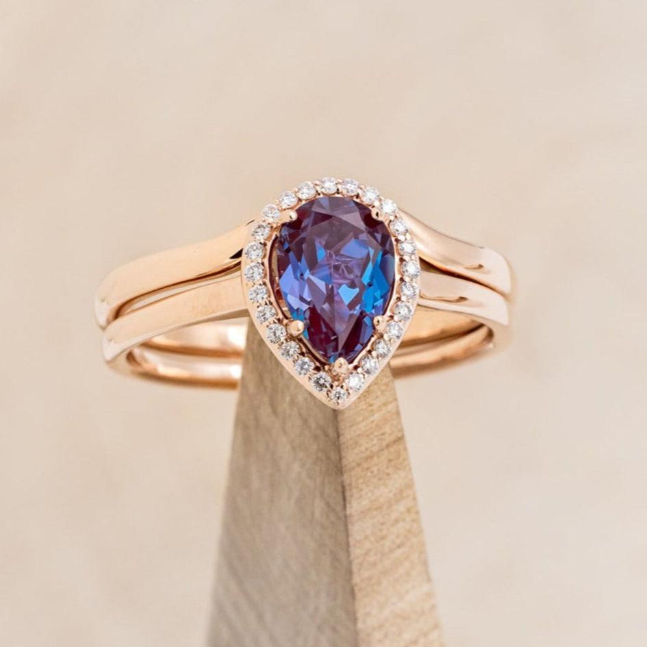 "Clariss" - Pear Cut Engagement Ring With Diamond Accents & A Contoured Stacker