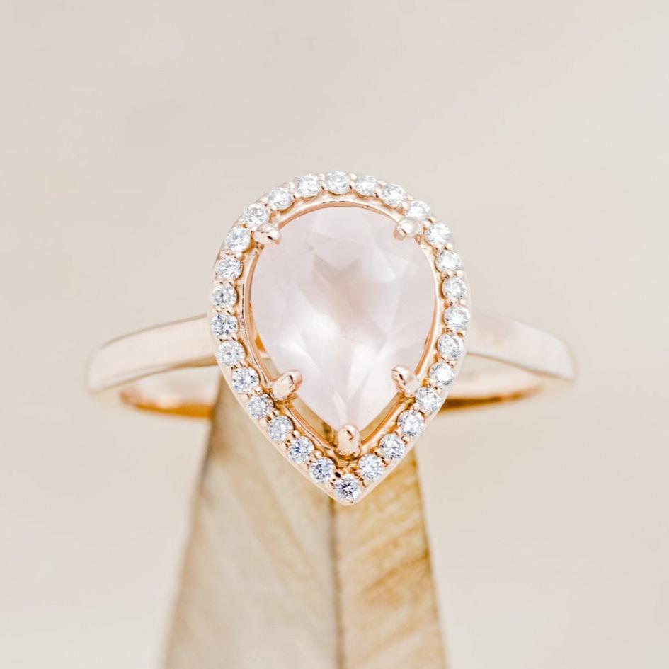 "Clariss" - Pear Cut Rose Quartz Engagement Ring With Diamond Halo