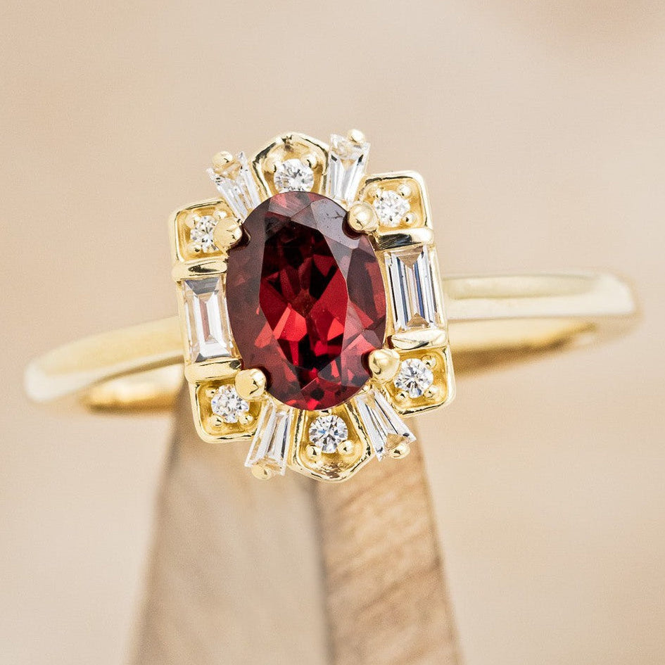 "Cleopatra" - Oval Garnet Engagement Ring With Diamond Accents & Tracer