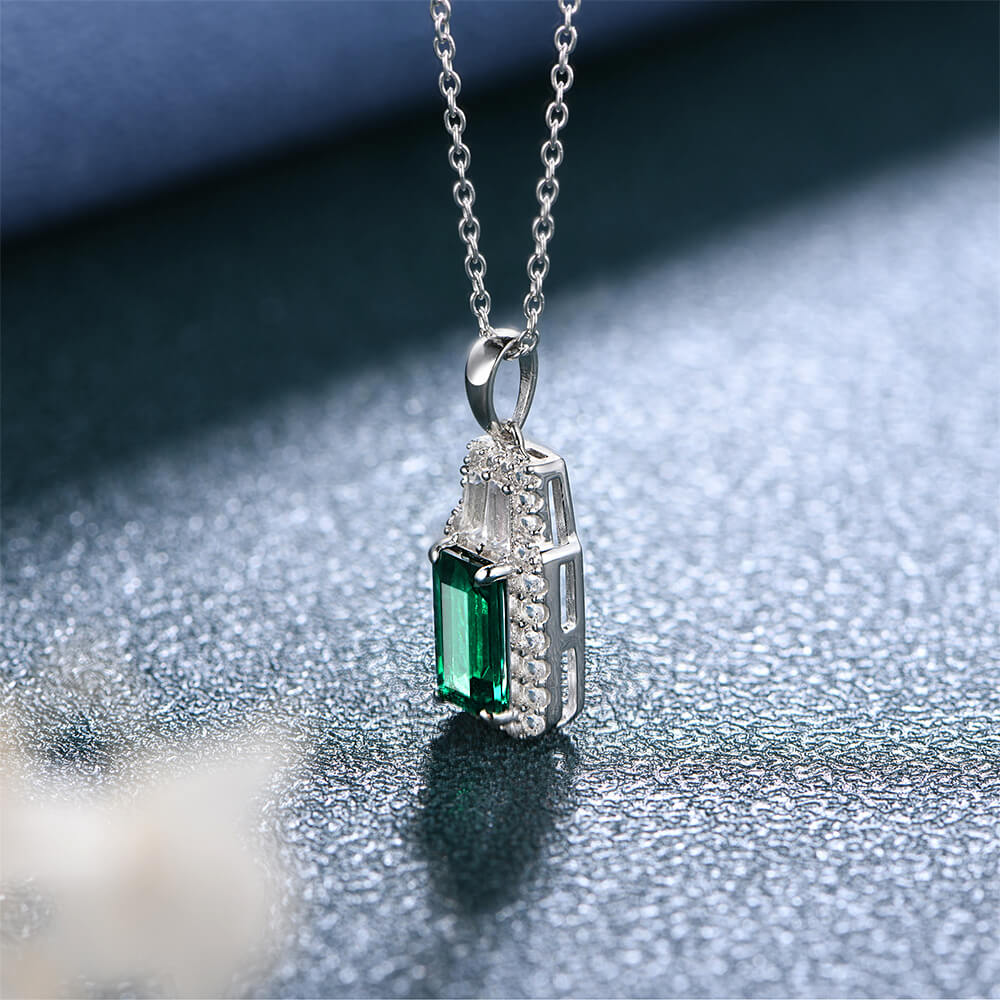 Fashion Halo Lab-Created Emerald Sterling Silver Necklace