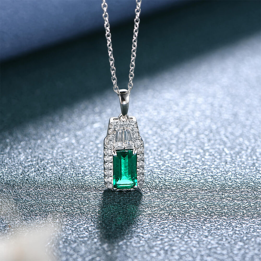 Fashion Halo Lab-Created Emerald Sterling Silver Necklace