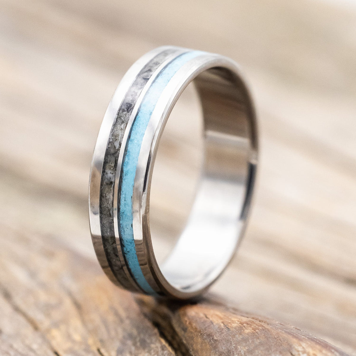 "Cosmo" - Moonstone & Turquoise Wedding Band (6mm) - Titanium - Size 8