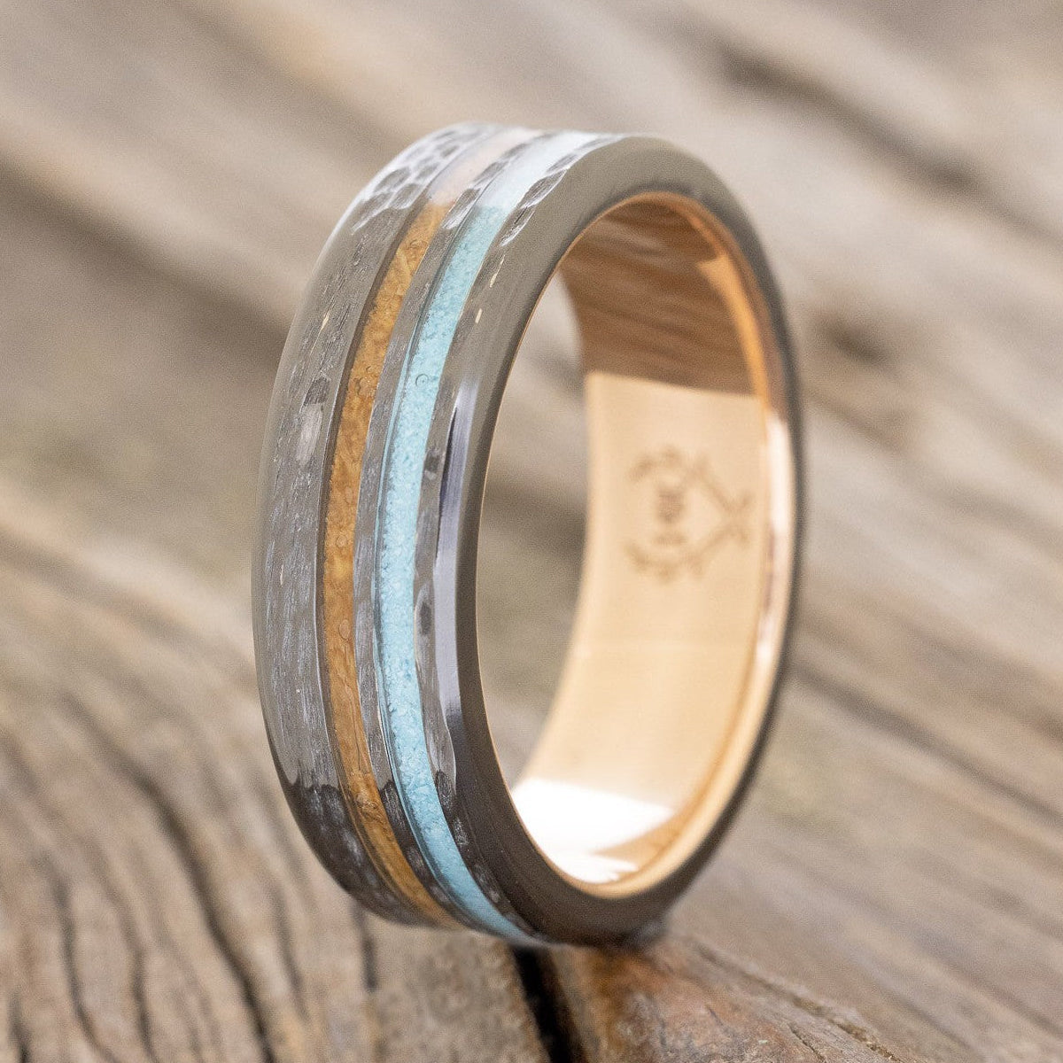 "Cosmo" - Whiskey Barrel Oak & Turquoise Wedding Ring Featuring A Hammered Band With A 14K Gold Lining
