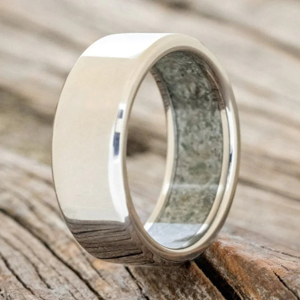 "Hyperion" - Crushed Moss Agate Lined Wedding Band - Titanium (8mm) - Size 11