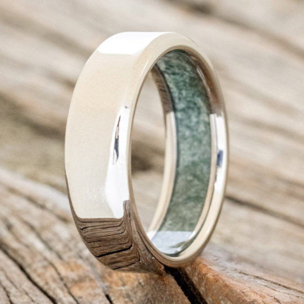 "Hyperion" - Crushed Moss Agate Lined Wedding Band With Custom Finish